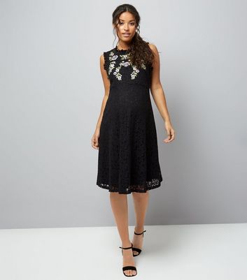 Maternity Black Embroidered Lace Skater Dress New Look