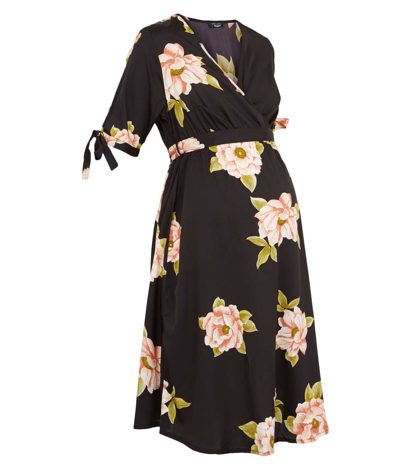 Maternity Black Floral Print Tie Sleeve Dress Image 4