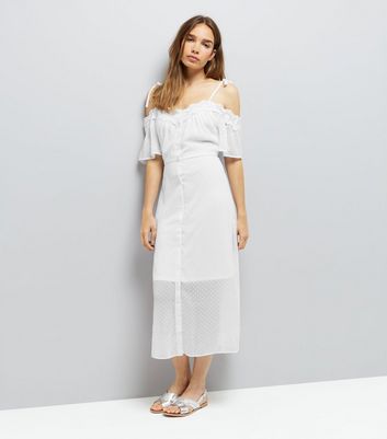 White Spot Chiffon Lace Trim Cold Shoulder Dress New Look