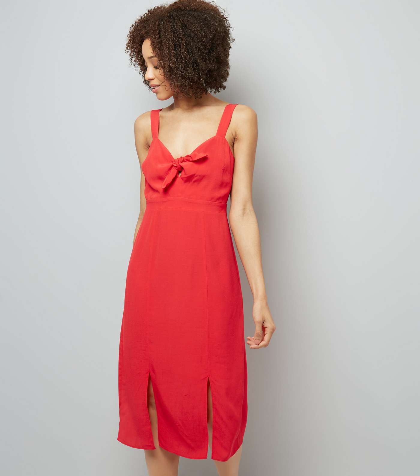 Red Bow Front Split Front Midi Dress