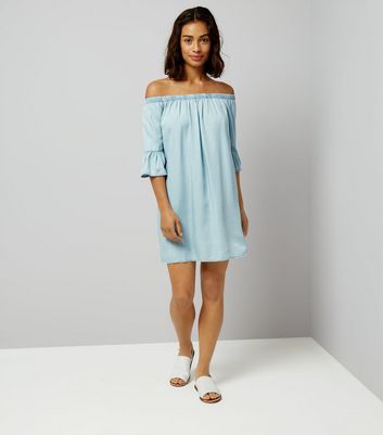 Petite Blue Bell Sleeve Bardot Neck Dress New Look