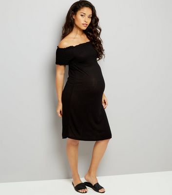 Maternity Black Shirred Bardot Neck Dress New Look