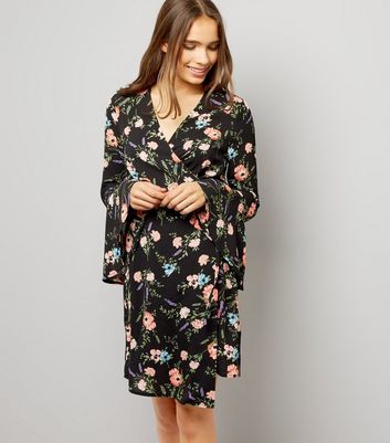 Black Floral Print Bell Sleeve Wrap Dress New Look