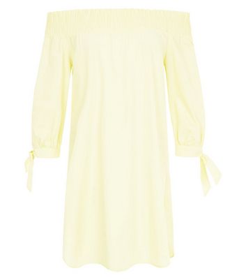 Yellow Tie Sleeve Shirred Bardot Neck Dress New Look