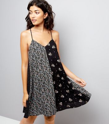 Black Patchwork Floral Print Swing Dress New Look