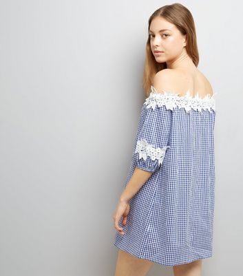 Blue Crochet Lace Trim Gingham Bardot Neck Dress New Look
