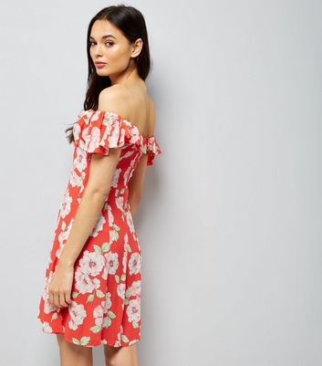 Red Floral Print Frill Trim Bardot Neck Skater Dress New Look
