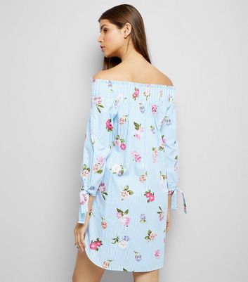 Blue Stripe Floral Print Bardot Dress New Look