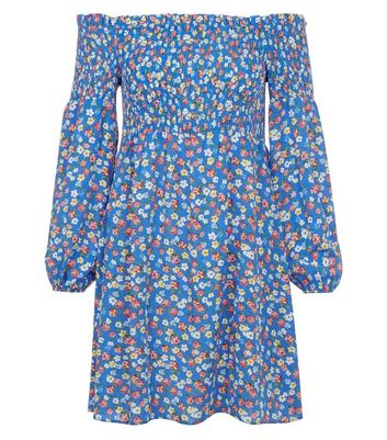 Blue Ditsy Print Shirred Bardot Skater Dress New Look