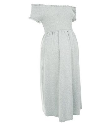 Maternity Grey Shirred Bardot Neck Dress New Look
