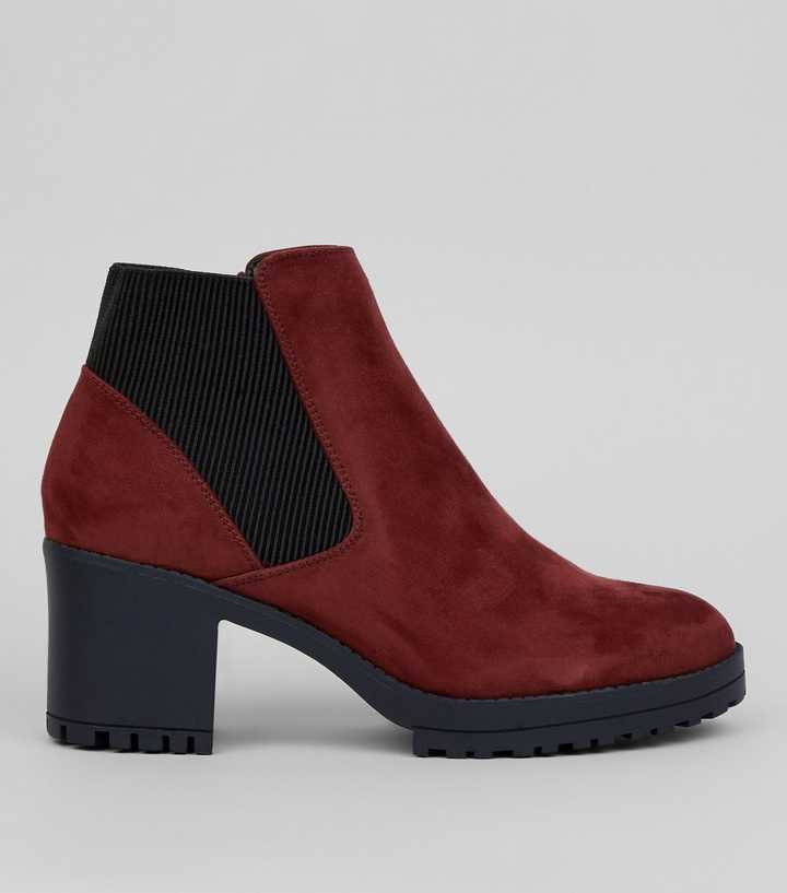 Burgundy Suedette Chunky Chelsea Boots
