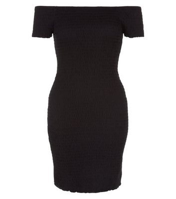 Black Shirred Bodycon Bardot Neck Dress New Look