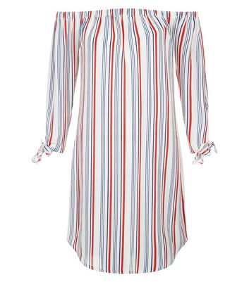 White Stripe Tie Sleeve Bardot Neck Dress New Look