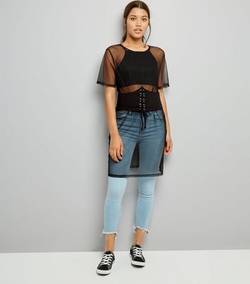 Black Corset Belt Mesh Dress New Look