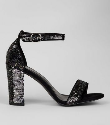 Black Sequin Block Heel Sandals | New Look