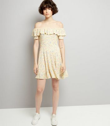 Yellow Floral Print Frill Trim Skater Dress New Look