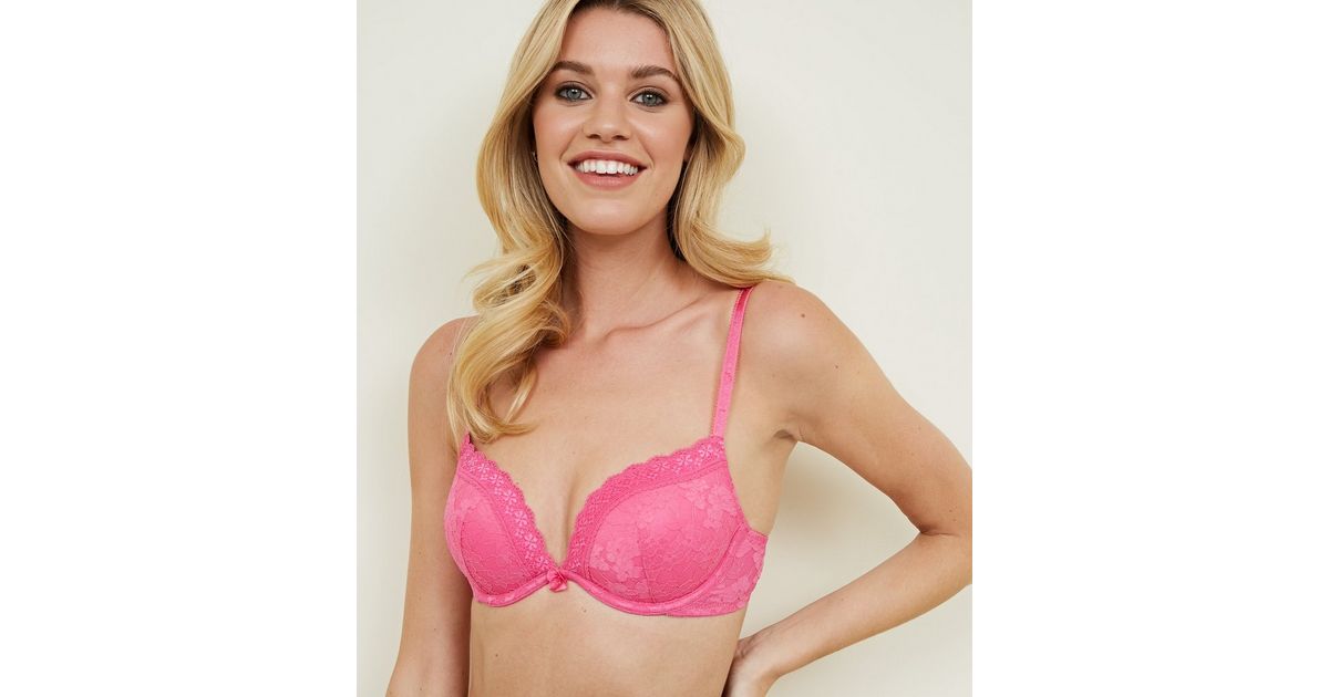 Bright Pink Lace Push-Up Bra | New Look