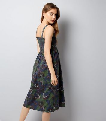 Green Tropical Print Shirred Midi Dress New Look