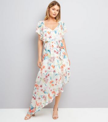 White Floral Print Asymmetric Frill Hem Dress New Look