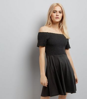 Black Shirred Bardot Neck Skater Dress New Look