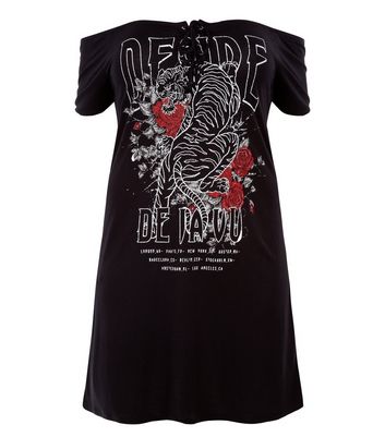 Curves Black Lace Up Bardot Neck Rock T-Shirt Dress New Look