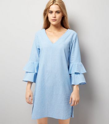 Blue Stripe V Neck Frill Sleeve Tunic Dress New Look