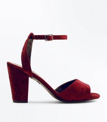 dark red block heel sandals