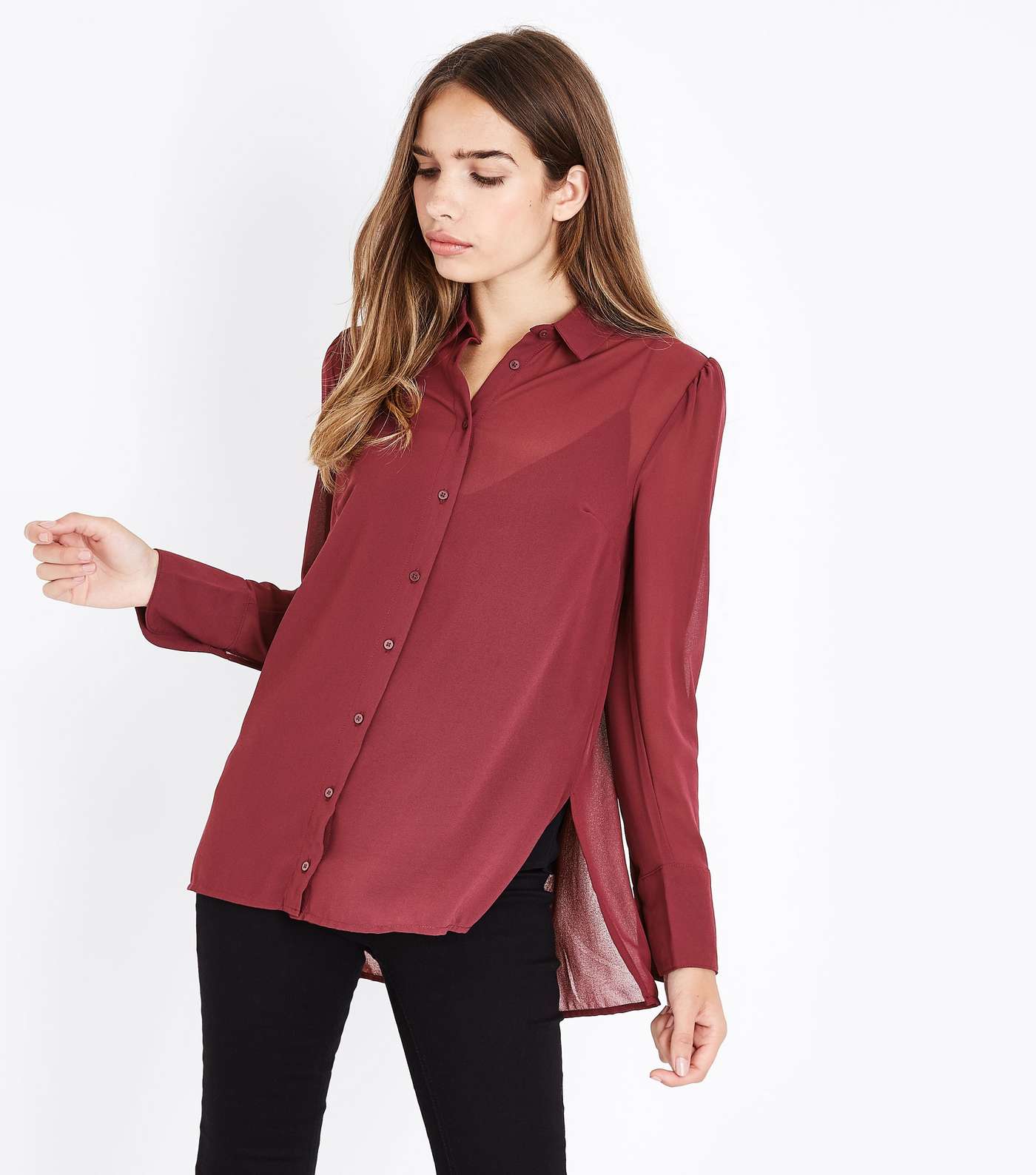 Burgundy Chiffon Long Sleeve Shirt