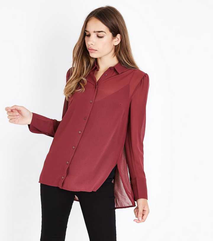 Burgundy Chiffon Long Sleeve Shirt