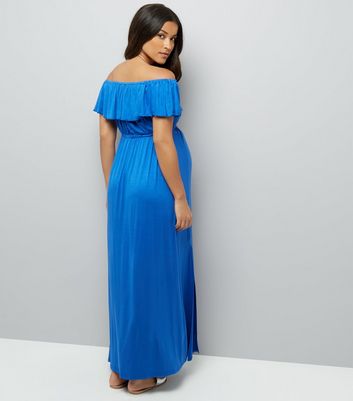 Maternity Blue Frill Trim Bardot Neck Maxi Dress New Look