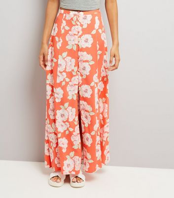 red floral button front skirt