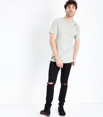 Khaki Acid Wash Ripped T-Shirt New Look
