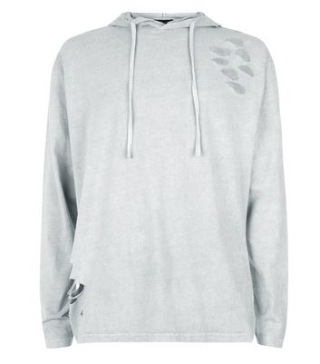 Khaki Acid Wash Ripped Hoodie New Look