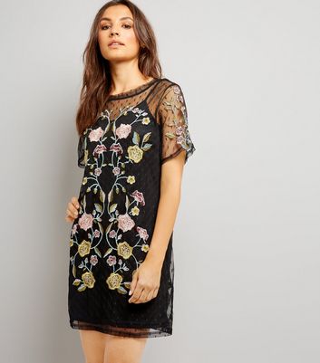 Black Spot Mesh Floral Embroiderd Tunic Dress New Look