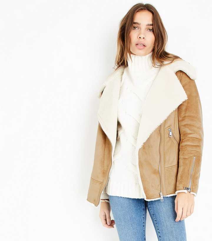 Tan Faux Shearling Aviator Jacket