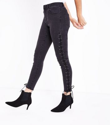 side lace up jeans black