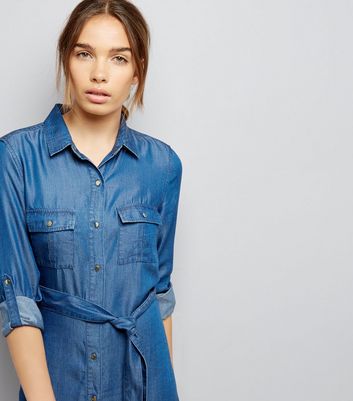 Blue Denim Belted Shirt Dress New Look