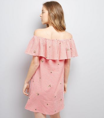 Red Floral Embroidered Gingham Bardot Neck Dress New Look