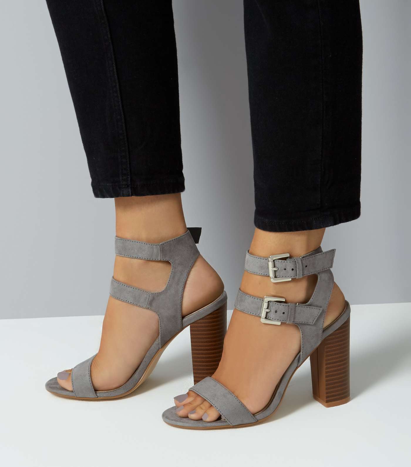 Grey Suedette Double Buckle Heeled Sandals Image 3