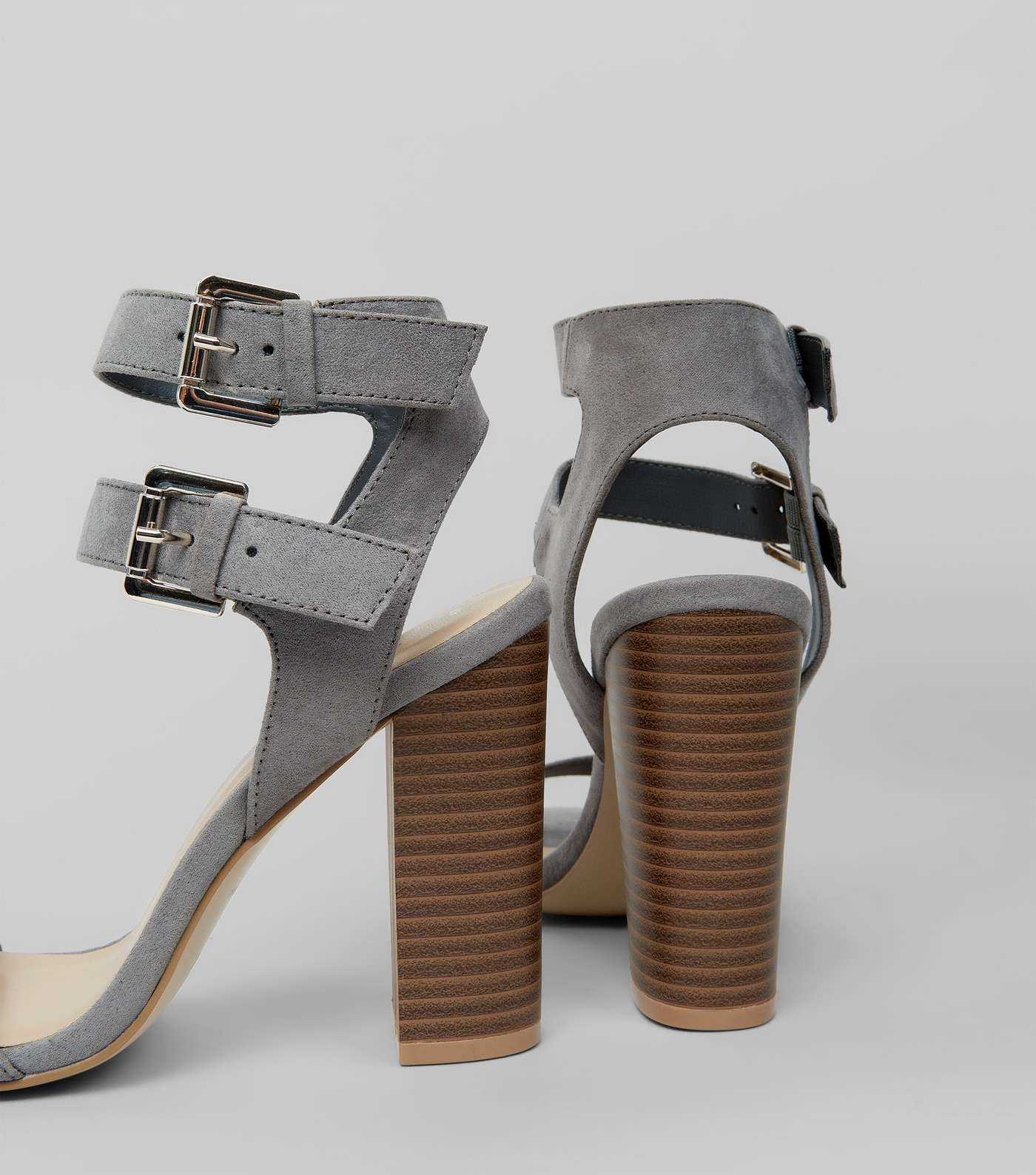 Grey Suedette Double Buckle Heeled Sandals Image 5