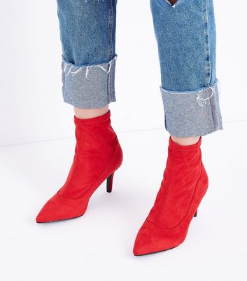 red kitten heel sock boots