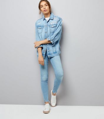 Blue Floral Embroidered Denim Jacket New Look