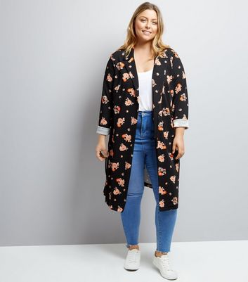 Curves Black Floral Print Duster Coat New Look