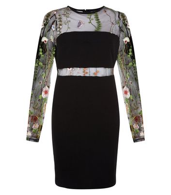 Black Floral Embroidered Mesh Long Sleeve Dress New Look