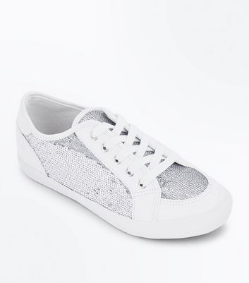 Wide Fit White Sequin Panel Trainers 