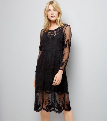 black lace midi skater dress