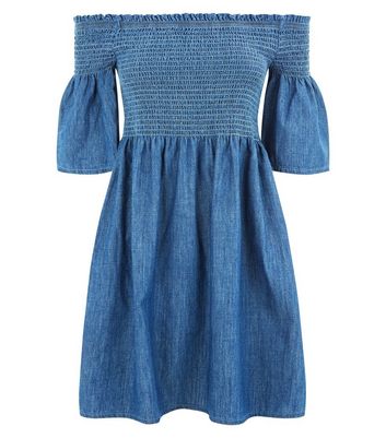 Blue Denim Shirred Bardot Neck Dress New Look