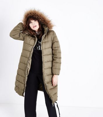 longline puffer jacket with fur hood
