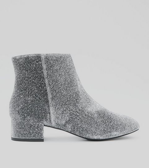 Wide Fit Silver Glitter Block Heel Ankle Boots