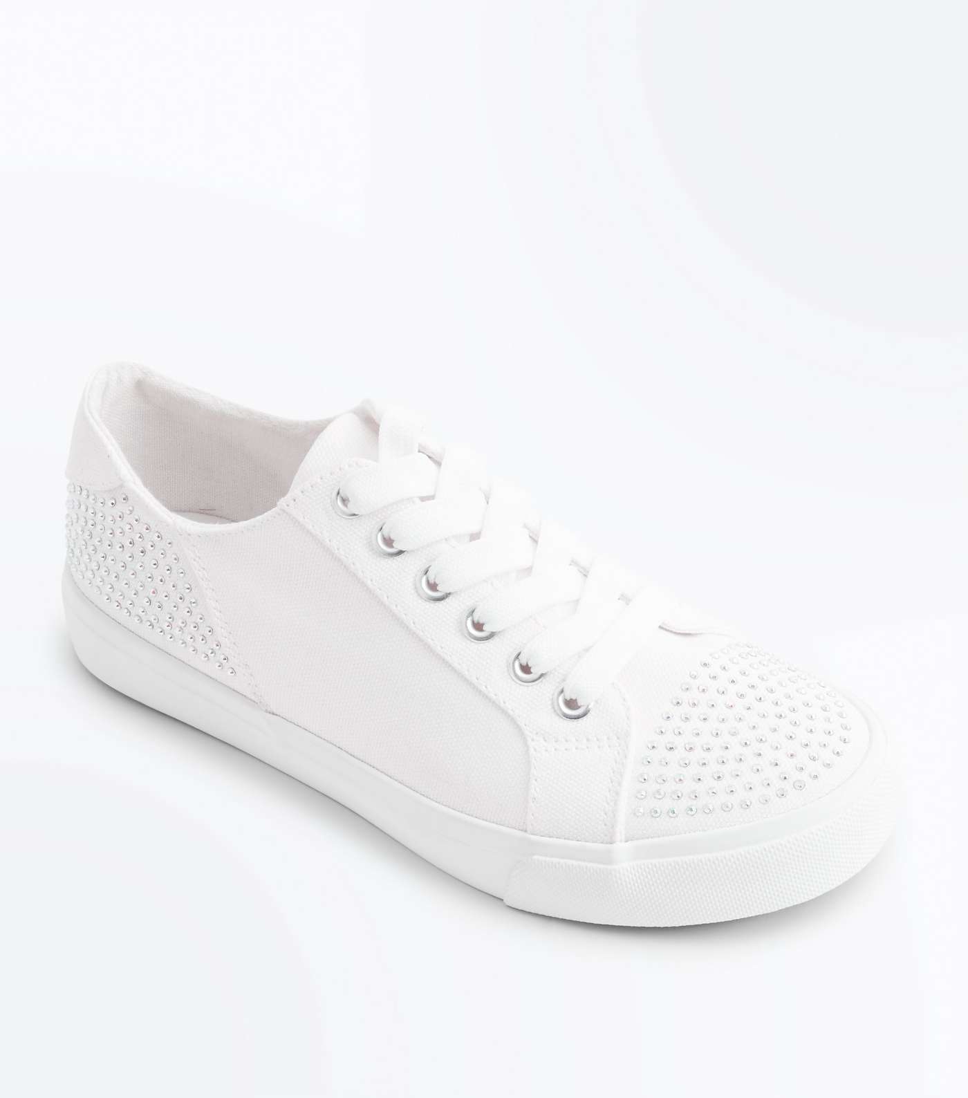 Girls White Canvas Diamante Embellished Trainers